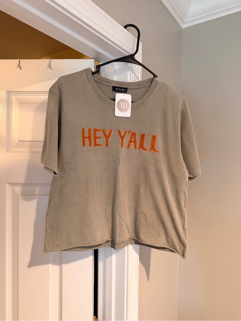 HEY Y'ALL Embroidered Graphic Tee - Taupe with Burnt Orange Letters